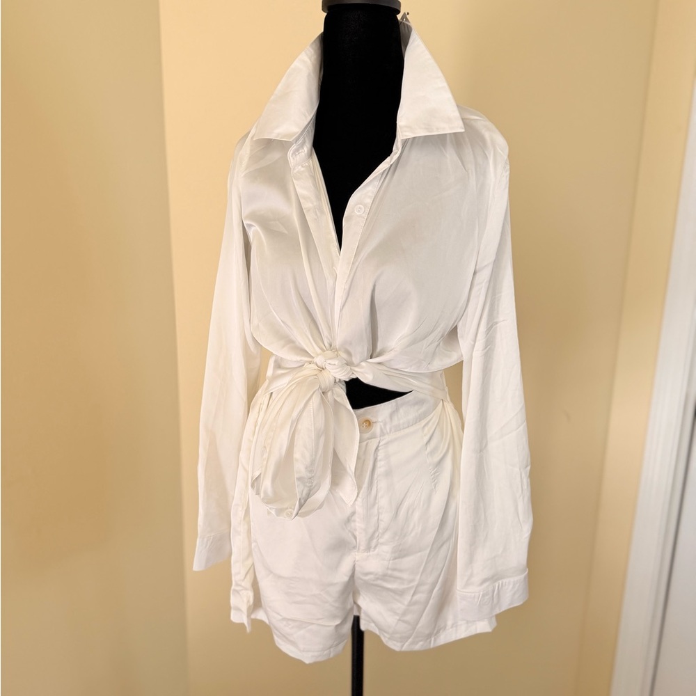 White Button-Up Shirt and Shorts Set